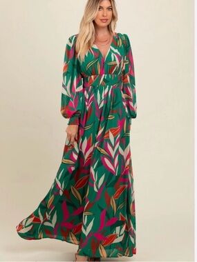 Flying Tomato Vibrant Green and Pink Leaf Maxi Dress